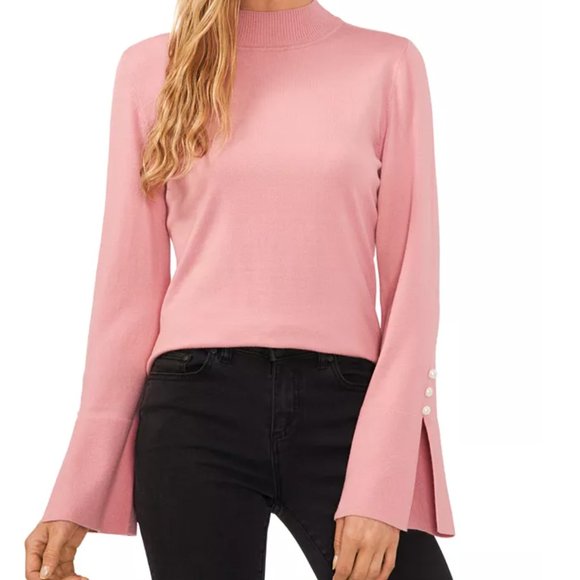 CeCe Imitation Pearl Trim Split Sleeve Mock Neck Sweater in Pink Size XL - NWOT - Picture 1 of 9